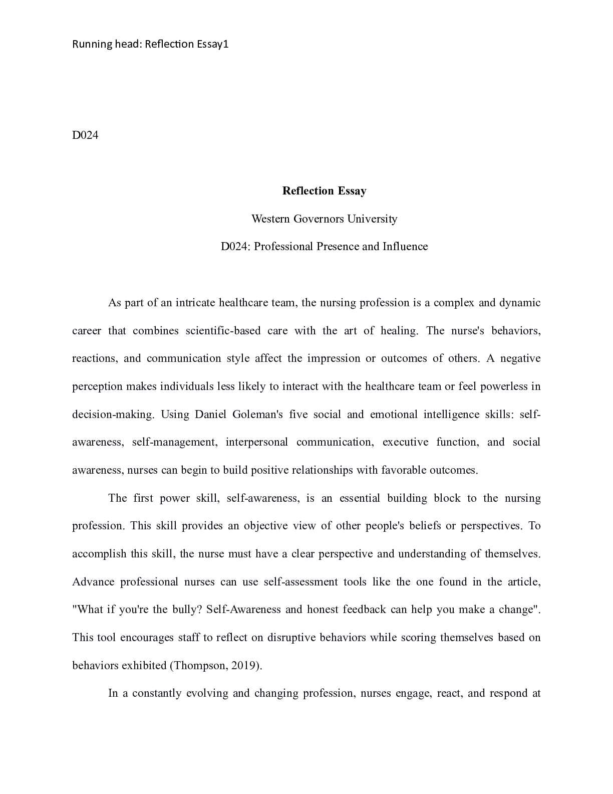 Preview of D024_Reflection_Essay.docx    D024  Reflection Essay  Western Governors University  D024: